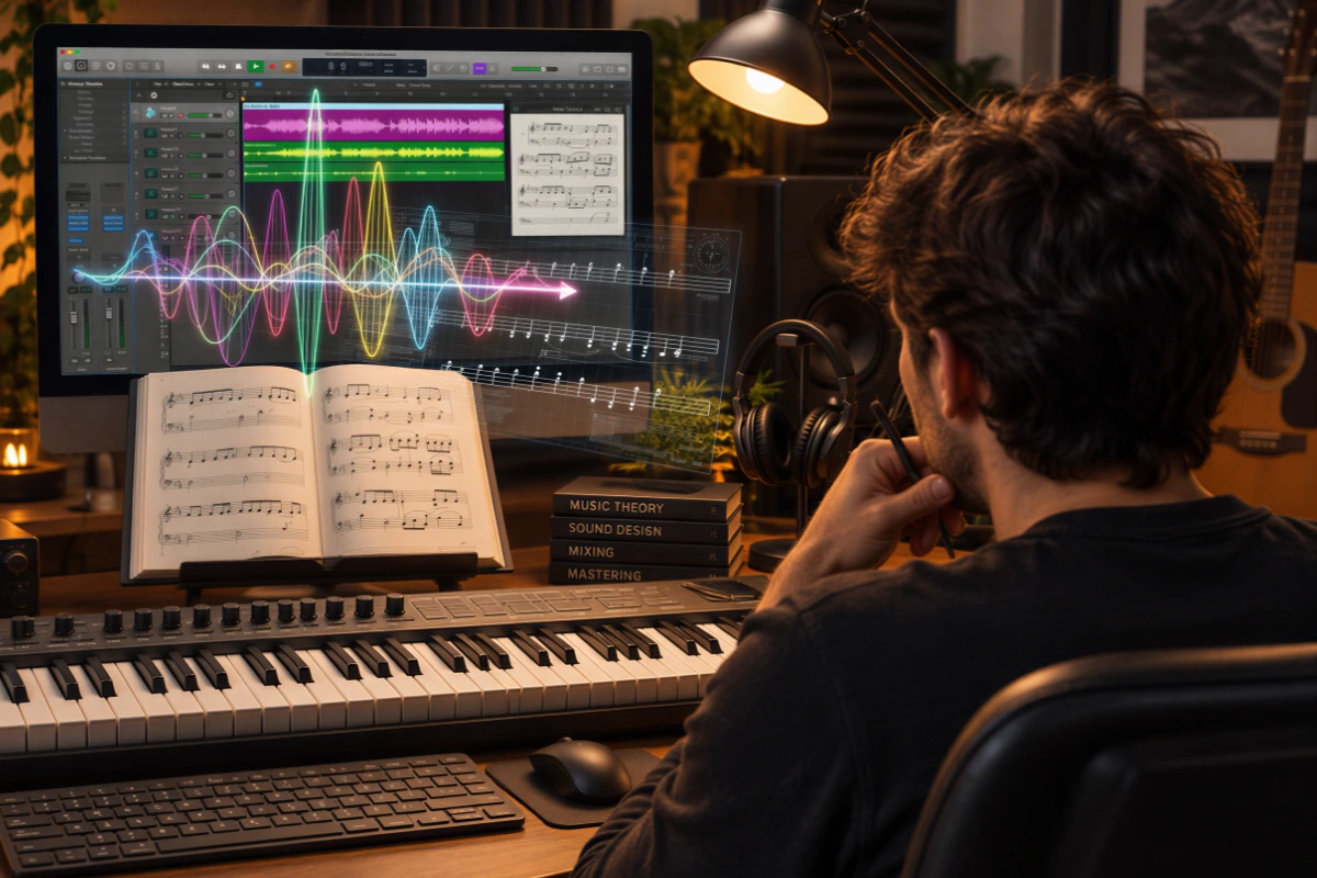 A DAW session with notation emerging from an audio waveform.
