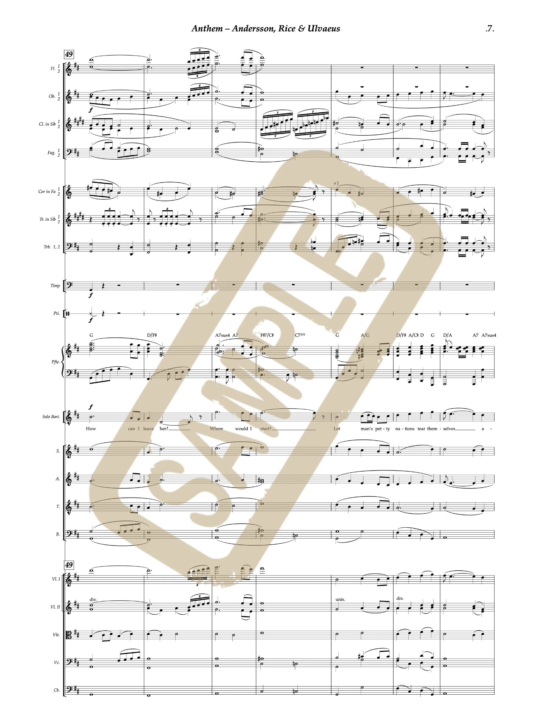 Engraved orchestral score: Anthem (from Chess), orchestrated by ScoreMasters for Colin Schachat