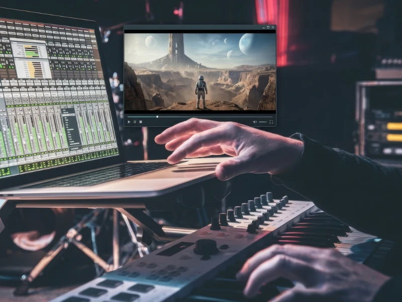 Composer working at a DAW with a film scoring session on screen