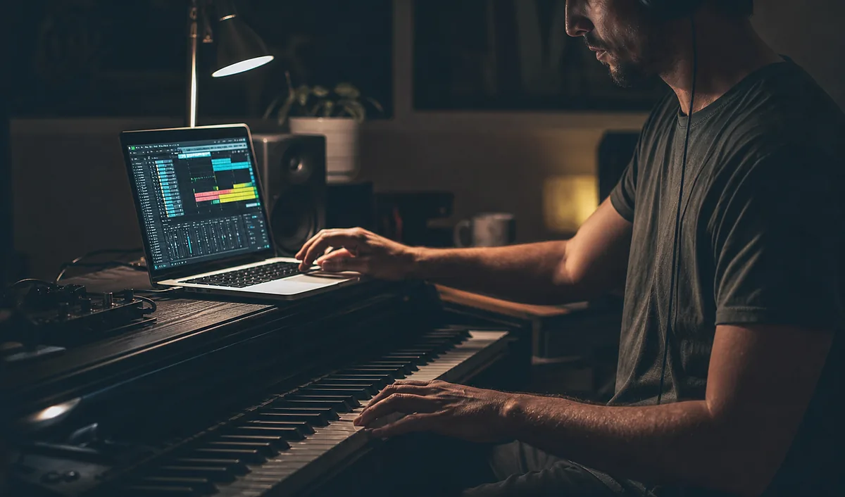 A composer working in a DAW at a piano keyboard.
