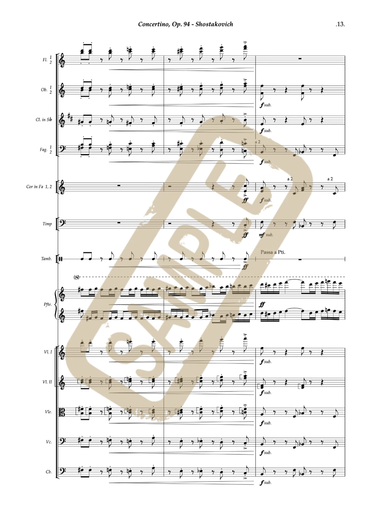 Watermarked score excerpt from the orchestration of Shostakovich's Concertino, Op. 94