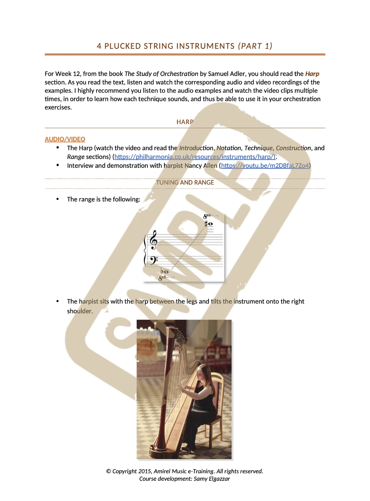 Watermarked page from the Orchestration 101 course study material on the harp