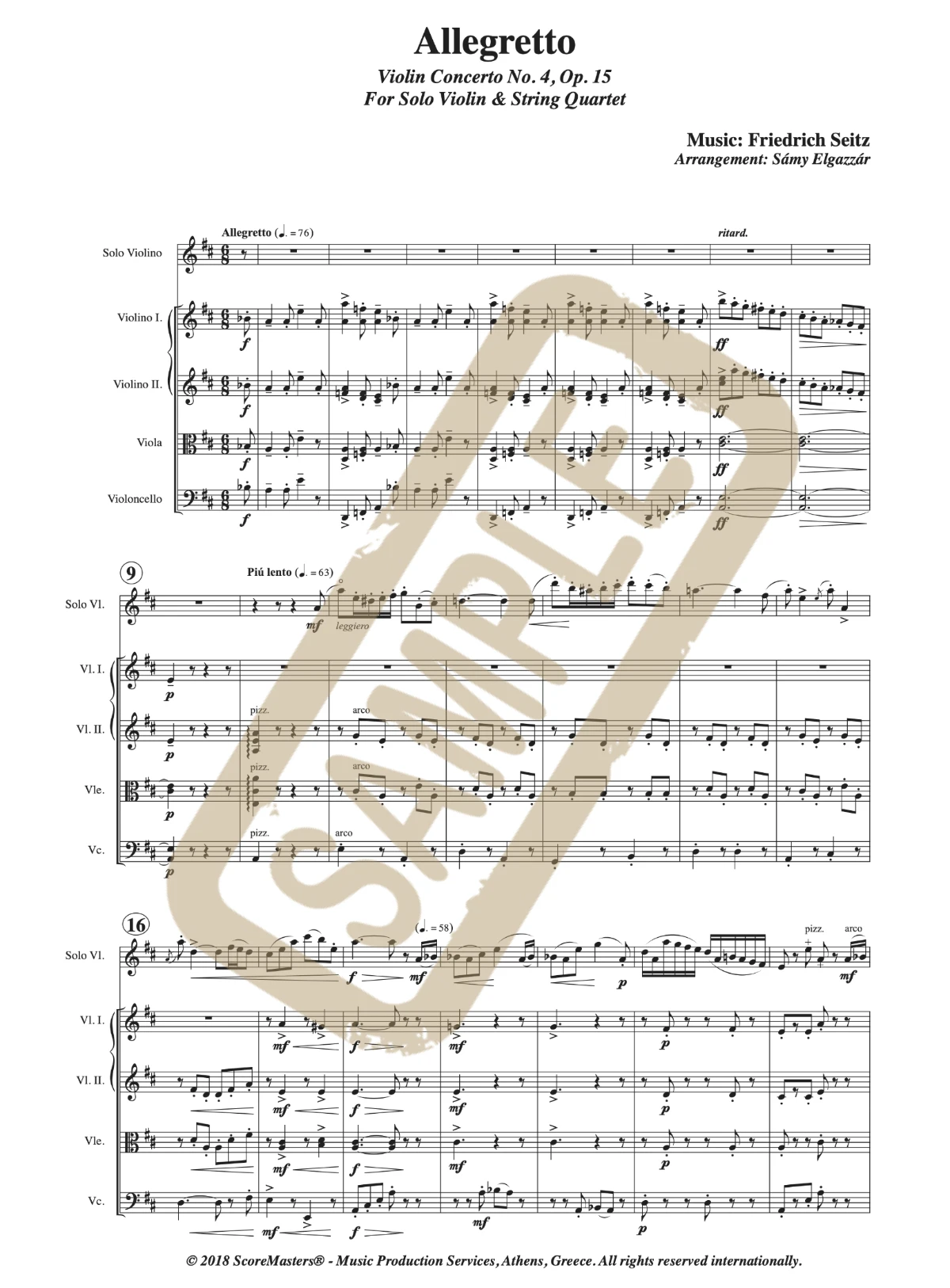 Watermarked score excerpt from the arrangement of the Allegretto from Seitz's Violin Concerto No. 4
