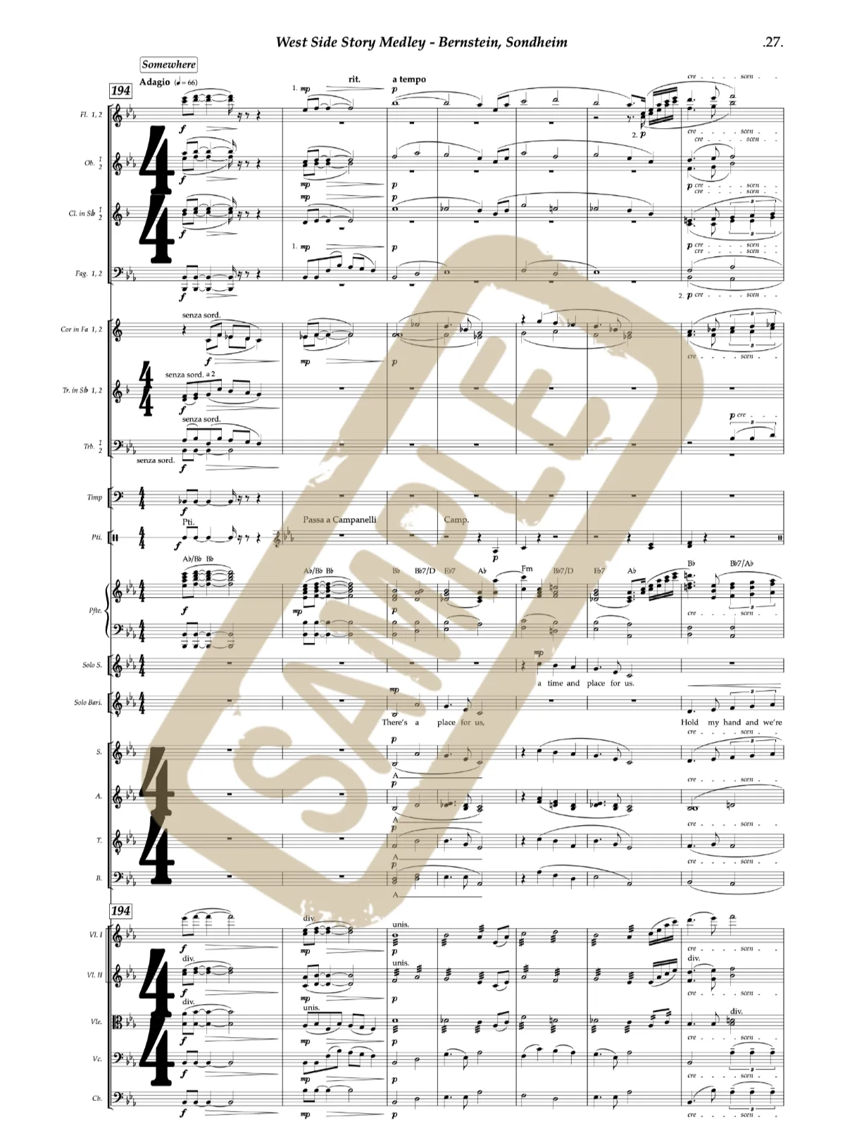 Watermarked score excerpt from the West Side Story medley arrangement