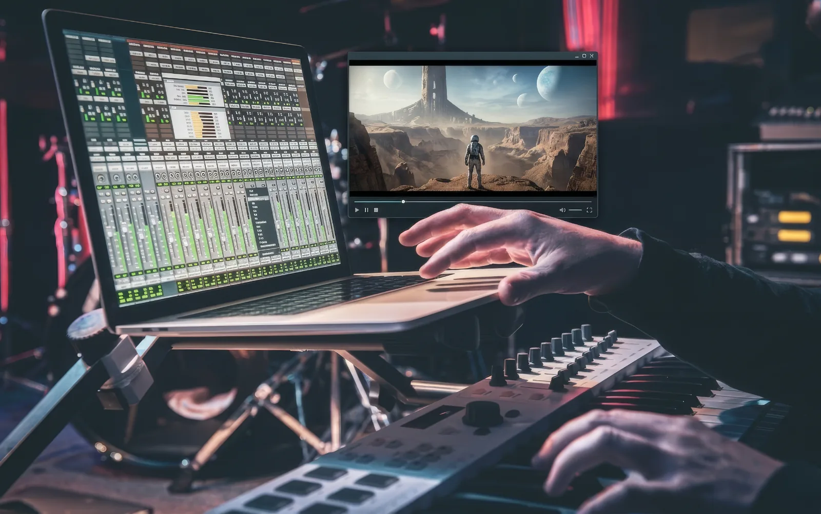Composer at a laptop running a DAW mixing console beside an on-screen film scene, playing a MIDI keyboard controller in a studio.