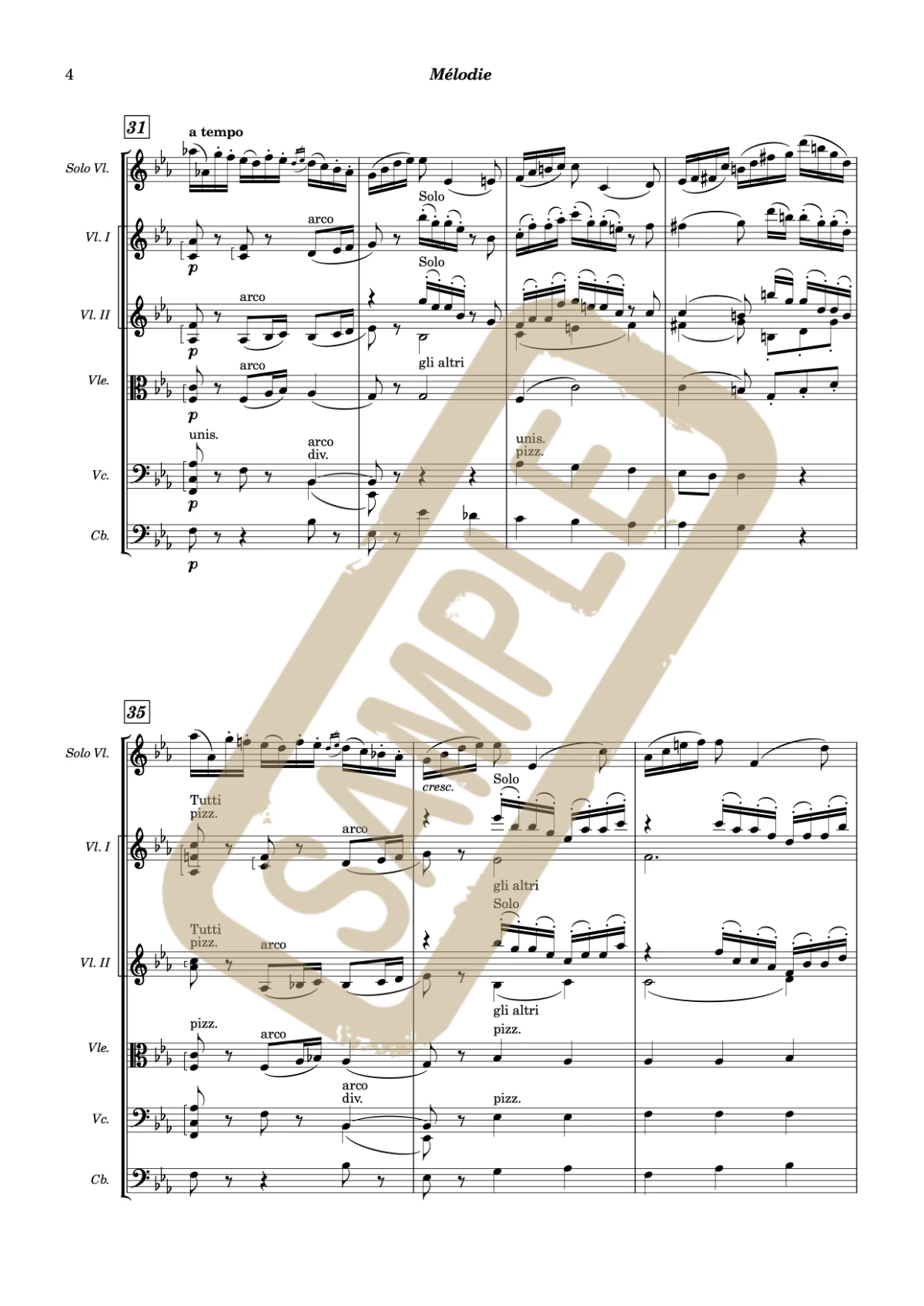 Watermarked string-orchestra score excerpt from Mélodie by Tchaikovsky