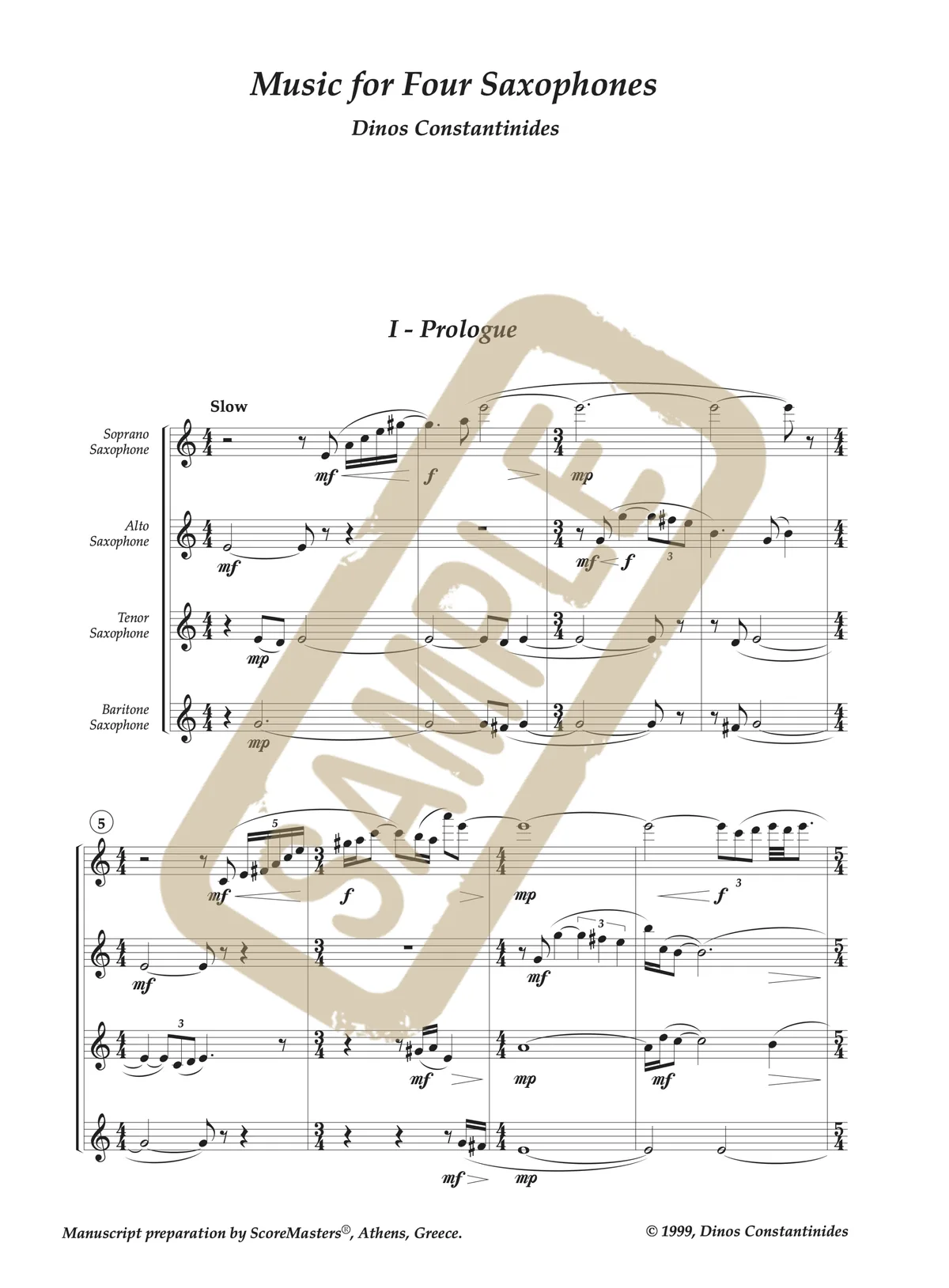 Engraved saxophone-quartet score excerpt from Music for Four Saxophones by Dinos Constantinides