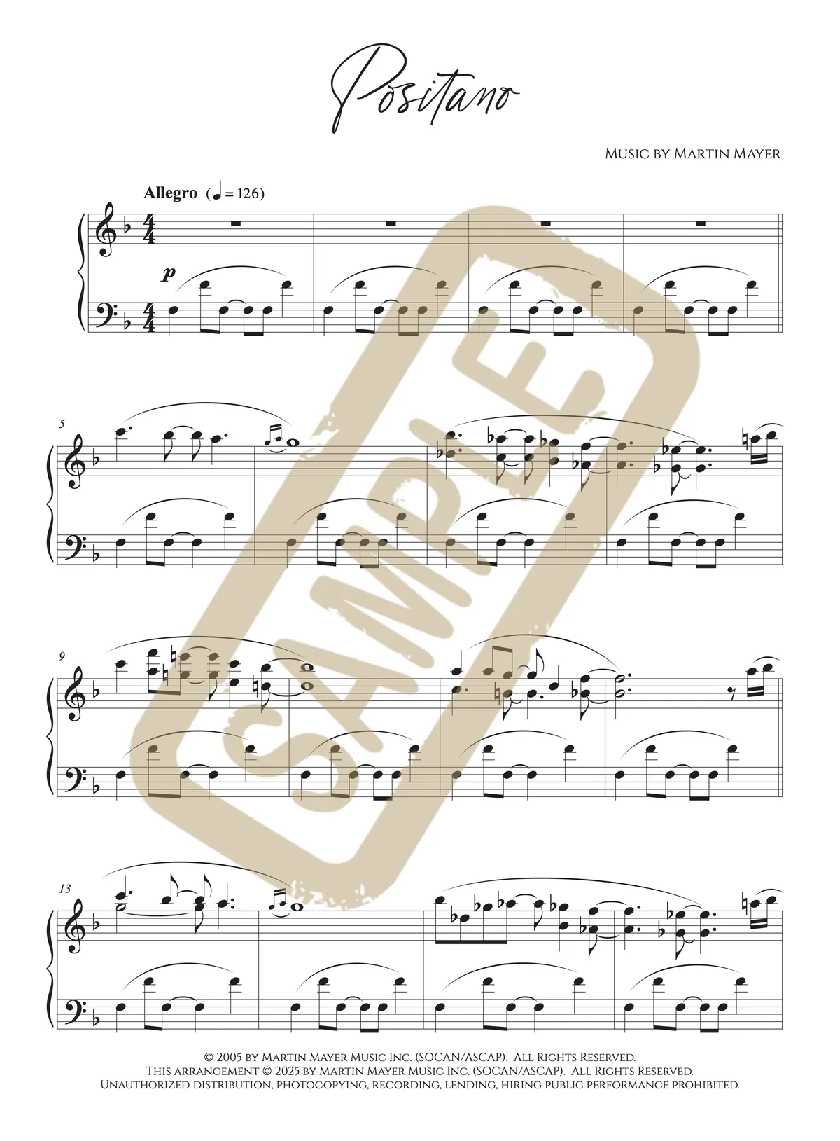 Engraved piano score excerpt from Positano by Martin Mayer