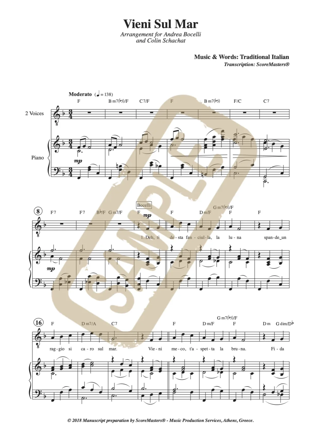 Watermarked score excerpt from Vieni Sul Mar