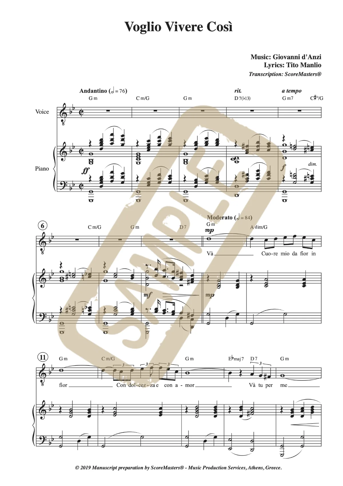 Watermarked score excerpt from Voglio Vivere Così