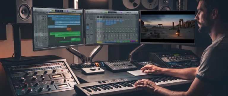 A composer at a scoring desk, working to picture with a DAW session on screen