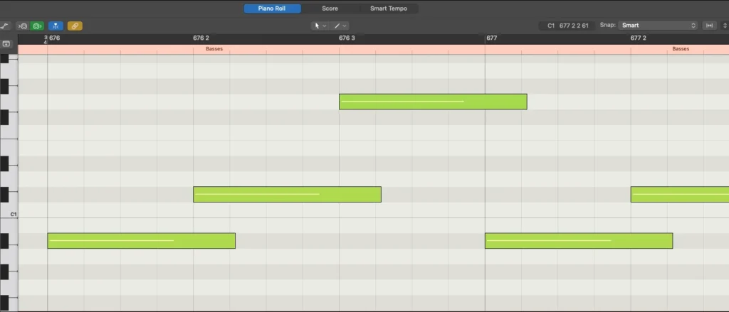 A piano roll showing a bass line where each legato note extends into the start of the next