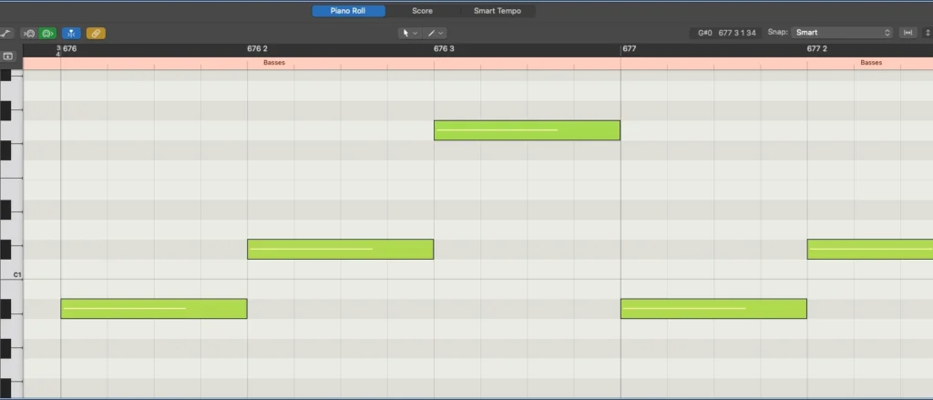 The same bass line with the overlaps removed, each note ending before the next begins