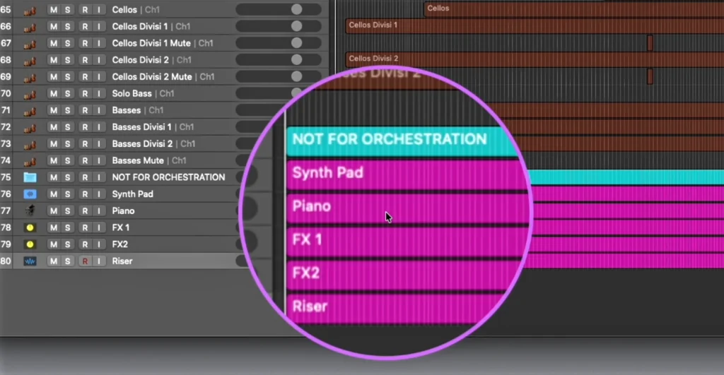 A track named NOT FOR ORCHESTRATION separating the orchestral tracks above from synth and piano tracks below
