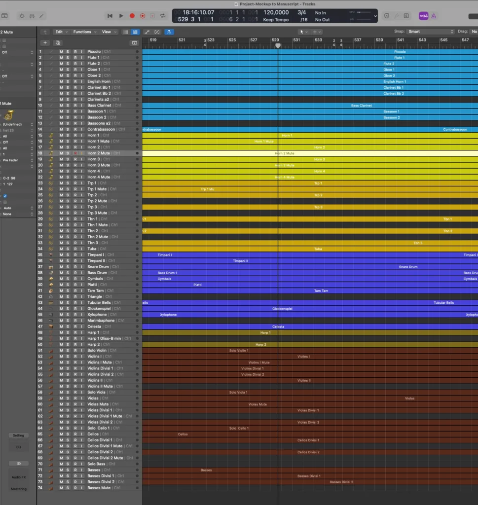 A DAW session with tracks arranged in score order, each instrument family in its own color