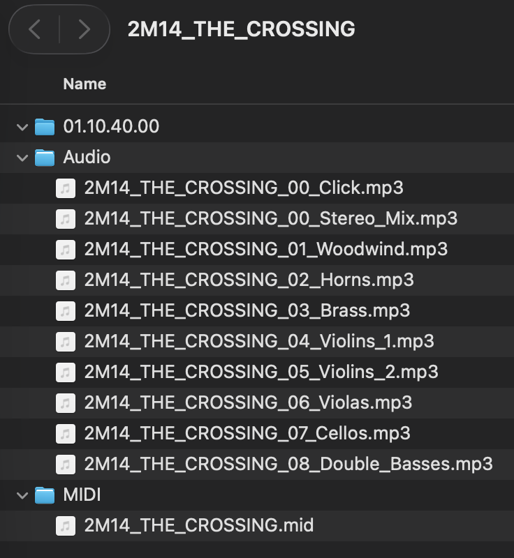 Finder window showing the delivery folder 2M14_THE_CROSSING, containing a folder named 01.10.40.00, an Audio folder with a click track, a stereo mix and eight numbered stems, and a MIDI folder with one MIDI file.