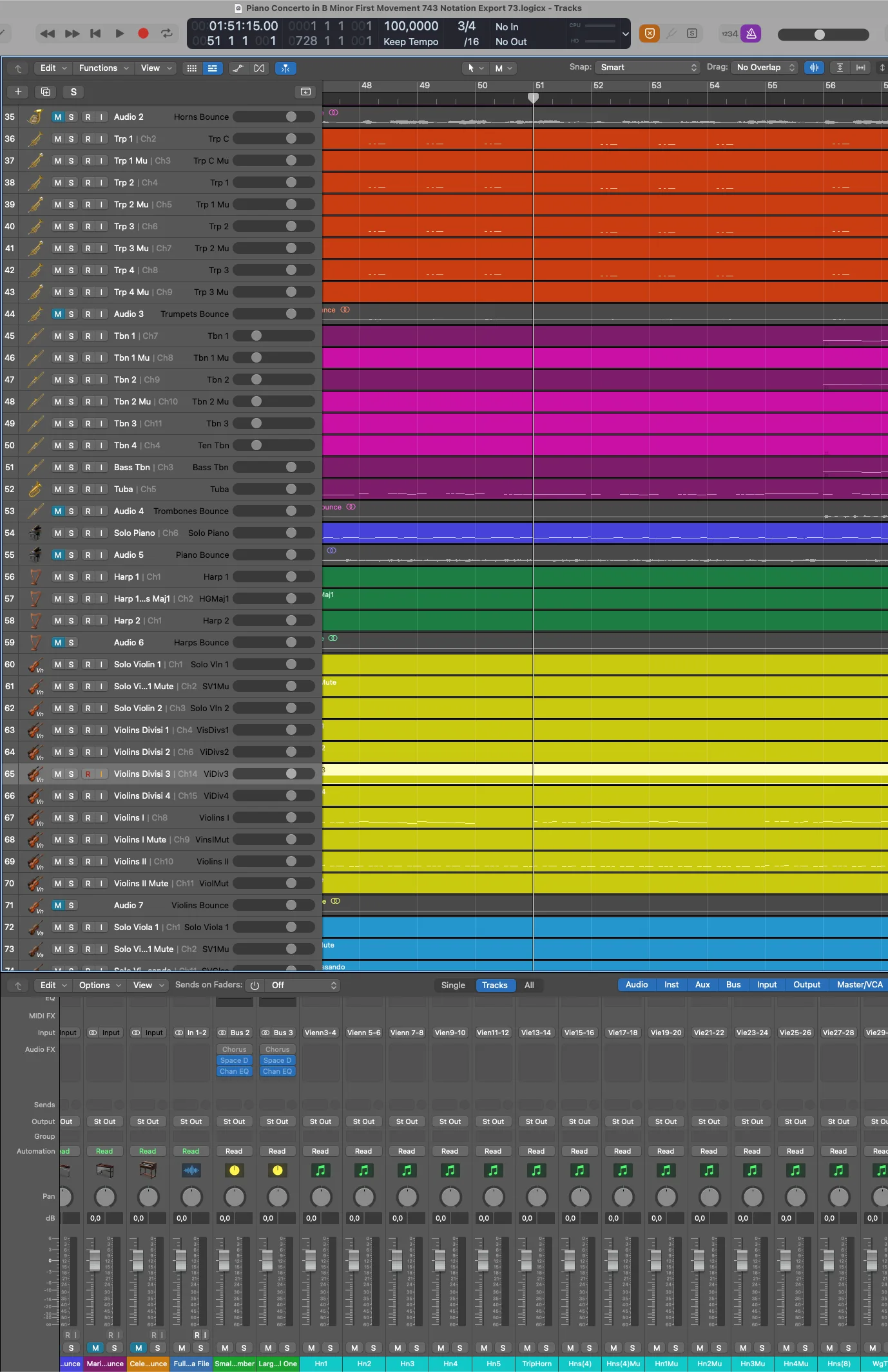 MIDI production of Piano Concerto in B Minor open in a digital audio workstation