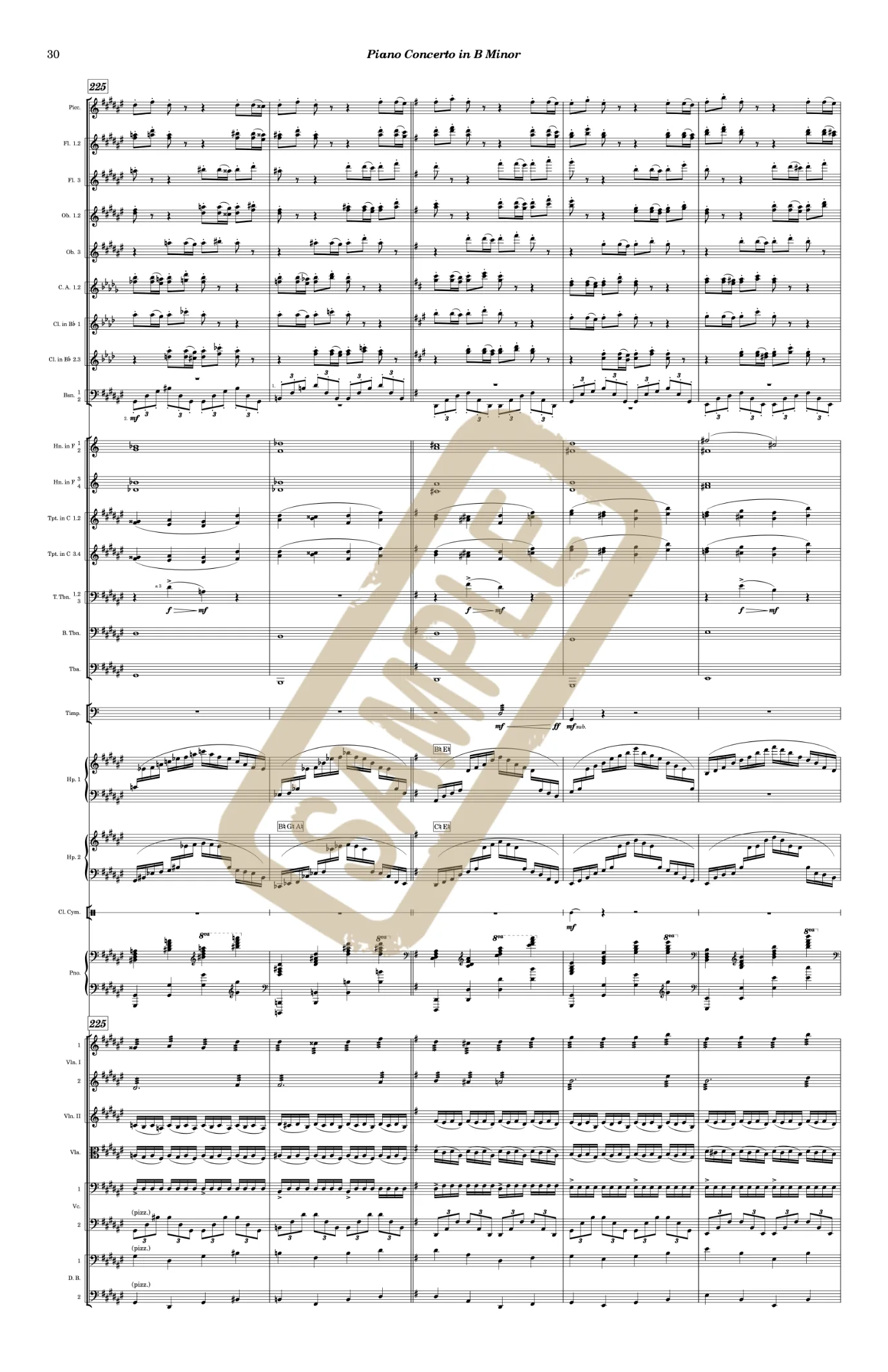 Engraved full orchestral score page of Piano Concerto in B Minor